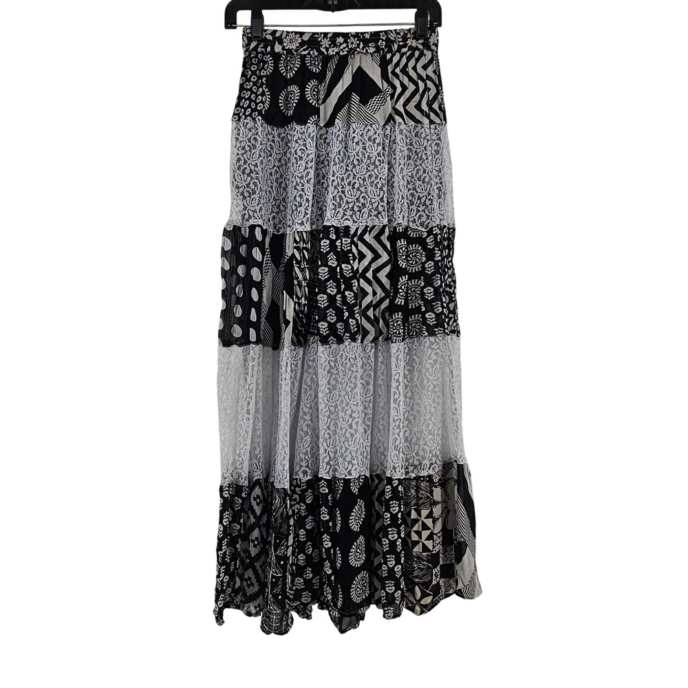 Young Threads Patchwork Lace Sheer Tiered Maxi Skirt Festival Boho Peasant Sm